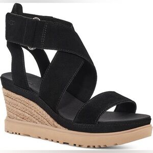 UGG lleana Ankle Strap Black Suede Wedge Sandals Espadrille Comfort Size 8